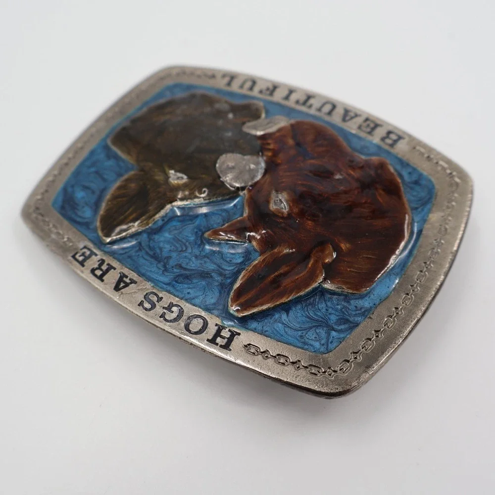 The Great American Buckle Co Pig Belt Buckle OS Blue Hogs Are Beautiful 1979